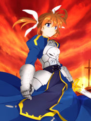 Rule 34 | 1girl, armor, armored dress, artoria pendragon (all), artoria pendragon (fate), avan kaiser, avankaisar, blouse, brown hair, cosplay, cowboy shot, excalibur (fate/stay night), fate/stay night, fate (series), field of blades, highres, lyrical nanoha, mahou shoujo lyrical nanoha, planted, planted sword, planted weapon, purple eyes, red sky, saber (fate), saber (fate) (cosplay), shirt, skirt, sky, solo, standing, sword, takamachi nanoha, twintails, unlimited blade works (fate), weapon