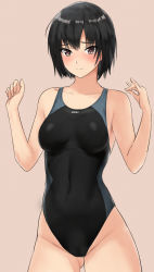 Rule 34 | 1girl, amagami, arms up, black hair, black one-piece swimsuit, blue one-piece swimsuit, blush, breasts, brown background, brown eyes, closed eyes, collarbone, commentary, competition swimsuit, cowboy shot, gluteal fold, groin, hair between eyes, highres, looking at viewer, medium breasts, nanasaki ai, one-piece swimsuit, raised eyebrows, short hair, simple background, smile, solo, swimsuit, two-tone swimsuit, w arms, yoo tenchi