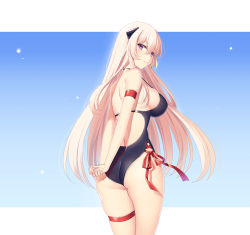 Rule 34 | 1girl, arm strap, arms behind back, ass, blonde hair, blush, closed mouth, competition swimsuit, from behind, g3 (girls&#039; frontline), girls&#039; frontline, hair between eyes, headgear, light smile, long hair, looking at viewer, looking back, one-piece swimsuit, philomelalilium, purple eyes, red ribbon, ribbon, smile, solo, swimsuit, thigh strap, thighs, very long hair