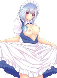 Rule 34 | 1girl, apron, aqua hair, blush, breasts, clothes lift, covered erect nipples, highres, izayoi sakuya, kobarei, looking at viewer, maid, maid apron, nipples, no bra, open clothes, skirt, skirt lift, solo, touhou