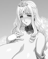 Rule 34 | 1girl, bare shoulders, blush, breasts, cleavage, crown, curvy, earrings, elbow gloves, gigantic breasts, gloves, greyscale, hand on own chest, headdress, jewelry, long hair, magaki ryouta, mole, monochrome, solo, tiara
