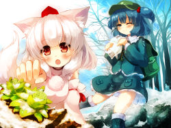 Rule 34 | 2girls, animal ears, backpack, bag, bare tree, blue eyes, blue hair, blush, boots, detached sleeves, flower, gengetsu chihiro, hair bobbles, hair ornament, hat, highres, inubashiri momiji, kawashiro nitori, key, looking at viewer, multiple girls, one eye closed, outstretched hand, red eyes, rubber boots, short hair, skirt, skirt set, smile, snow, tail, tokin hat, touhou, tree, twintails, two side up, white hair, wink, wolf ears, wolf tail