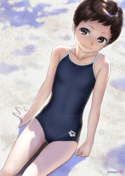 Rule 34 | 1girl, arena (company), bare shoulders, blue one-piece swimsuit, breasts, brown eyes, brown hair, collarbone, commentary request, competition school swimsuit, cowboy shot, female focus, fingernails, highres, logo, looking at viewer, mu-pyon, one-piece swimsuit, original, outdoors, school swimsuit, short hair, sitting, small breasts, smile, solo, swimsuit, tomboy, very short hair