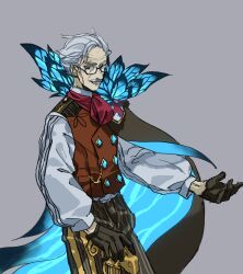 Rule 34 | 1boy, absurdres, black gloves, blue eyes, brown pants, brown vest, buttons, cape, commentary request, cowboy shot, diamond button, facial hair, fate/grand order, fate (series), glasses, gloves, grey background, grey shirt, highres, james moriarty (archer) (fate), kaigen 1025, long sleeves, male focus, mustache, old, old man, pants, shirt, short hair, simple background, solo, striped clothes, striped pants, two-sided cape, two-sided fabric, vest