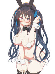 Rule 34 | 1girl, :/, alternate hairstyle, animal ear hairband, animal ears, arm strap, arm up, assault lily, bare shoulders, bespectacled, bikini, black bow, black bowtie, black choker, black hair, black hairband, black thighhighs, blue ribbon, blush, bow, bow bikini, bowtie, breasts, choker, cleavage, closed mouth, commentary request, cowboy shot, detached collar, fake animal ears, glasses, hair ribbon, hairband, halterneck, hand on own thigh, heart o-ring, highres, holding, holding ribbon, jewelry, large breasts, long hair, looking at viewer, navel, o-ring, o-ring bikini, o-ring bottom, o-ring choker, o-ring top, purple eyes, rabbit ears, red-framed eyewear, red bow, ribbon, ring, shirai yuyu, sidelocks, simple background, skull573, solo, stomach, strap gap, string bikini, swimsuit, thigh gap, thighhighs, two side up, v-shaped eyebrows, very long hair, wavy hair, white background, white bikini, wrist cuffs
