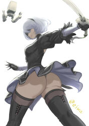 Rule 34 | 1girl, 1other, 2b (nier:automata), artist name, ass, black blindfold, black headband, blindfold, boots, breasts, curvy, eiwa, headband, holding, holding sword, holding weapon, leotard, leotard under clothes, medium breasts, nier:automata, nier (series), pod (nier:automata), shiny skin, sword, thigh boots, thong, upskirt, weapon, white hair, wide hips
