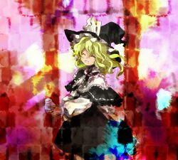 Rule 34 | 1girl, black capelet, black hat, black skirt, blonde hair, capelet, closed eyes, commentary request, frilled capelet, frilled hat, frilled skirt, frills, hat, jewelry, kaigen 1025, kirisame marisa, lace trim, medium hair, open mouth, ribbon-trimmed capelet, ribbon trim, ring, shirt, skirt, smile, solo, touhou, wavy hair, white shirt, witch hat
