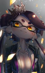 Rule 34 | + +, 1girl, bad id, bad pixiv id, black hair, black jacket, breasts, buttons, callie (splatoon), chromatic aberration, closed mouth, collarbone, collared shirt, crown, dress shirt, earrings, falling petals, glint, glowing, glowing petals, gradient background, grey background, highres, hoop earrings, inkling, jacket, jewelry, kashu (hizake), long hair, looking at viewer, mask, medium breasts, mini crown, mole, mole under eye, monster girl, nintendo, open clothes, open jacket, open shirt, petals, pointy ears, shade, shiny skin, shirt, short eyebrows, smile, solo, striped clothes, striped jacket, tentacle hair, upper body, white shirt, yellow eyes