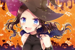 Rule 34 | 1girl, :d, bare shoulders, black shirt, blue eyes, blush, breasts, brown hair, brown hat, collarbone, commentary request, covered collarbone, detached sleeves, fate/grand order, fate (series), forehead, ghost, hat, jack-o&#039;-lantern, large breasts, leonardo da vinci (fate), leonardo da vinci (witch of moonlit night) (fate), long hair, open mouth, orange background, parted bangs, sakura tsubame, shirt, signature, sleeveless, sleeveless shirt, smile, solo, upper body, witch hat
