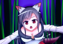 Rule 34 | 1girl, animal ears, bamboo, bamboo forest, breasts, brooch, brown hair, cleavage, collarbone, dress, fang, forest, highres, imaizumi kagerou, jewelry, long hair, looking at viewer, nature, open mouth, red eyes, solo, tail, touhou, wolf ears, wolf tail
