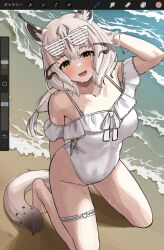 1girl :d animal_ear_fluff arm_behind_back arm_behind_head arm_up bare_arms bare_shoulders barefoot beach blush breasts character_request collarbone commentary commission deku_suke ear_tufts eurasian_lynx_(kemono_friends) eyewear_on_head hair_between_eyes heart_ring heart_ring_strap highres kemono_friends kneeling long_hair looking_at_viewer low-tied_long_hair medium_breasts off-shoulder_one-piece_swimsuit off_shoulder one-piece_swimsuit open_mouth shutter_shades smile solo swimsuit thigh_strap unfinished water waves white_one-piece_swimsuit yellow_eyes