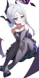 Rule 34 | 1girl, absurdres, black gloves, black horns, blue archive, blush, closed mouth, collarbone, demon horns, demon wings, dress, elbow gloves, firecracker (user kgxp3553), gloves, grey hair, halo, highres, hina (blue archive), hina (dress) (blue archive), horns, jewelry, long hair, looking at viewer, multiple horns, official alternate costume, official alternate hairstyle, pendant, purple dress, purple eyes, purple wings, simple background, solo, strapless, strapless dress, white background, wings