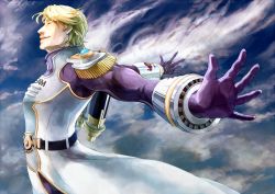 Rule 34 | 10s, 1boy, blonde hair, closed eyes, epaulettes, jetpack, keith goodman, male focus, outstretched arms, power suit, short hair, sky high (tiger &amp; bunny), solo, soukyokuya, superhero costume, tiger &amp; bunny