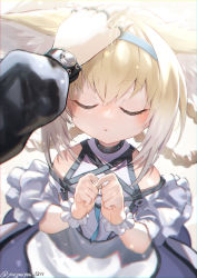 Rule 34 | 2girls, amiya (arknights), animal ear fluff, animal ears, arknights, bare shoulders, black choker, blonde hair, blush, braid, child, choker, colored tips, commentary request, closed eyes, female focus, fox ears, fox girl, gloves, hairband, hand on another&#039;s head, highres, infection monitor (arknights), jewelry, looking at viewer, multicolored hair, multiple girls, open mouth, out of frame, ring, smile, solo focus, suzuran (arknights), twin braids, twitter username, two-tone hair, upper body, white background, white hair, wrist cuffs, yo-ba yo