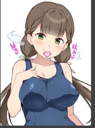 Rule 34 | 1girl, blue one-piece swimsuit, blunt bangs, blush, braid, breasts, brown hair, cleavage, closed mouth, collarbone, commentary, commentary request, condom, condom in mouth, french braid, furrowed brow, green eyes, large breasts, long hair, looking at viewer, love live!, love live! superstar!!, low twintails, mouth hold, old school swimsuit, one-piece swimsuit, sakurakoji kinako, school swimsuit, simple background, solo, swimsuit, translation request, twintails, upper body, white background, yamada taishi
