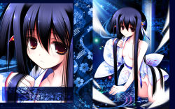 Rule 34 | 1girl, bare shoulders, black hair, breasts, brown eyes, clothes down, hair ornament, hair over breasts, hand in own hair, highres, japanese clothes, kimono, long hair, looking at viewer, no bra, no panties, open clothes, original, partially submerged, sidelocks, solo, tenmu shinryuusai, wading, wallpaper, water