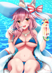 Rule 34 | 1girl, animal ear fluff, animal ears, aonegi, bikini, blue bikini, blush, breasts, cleavage, commentary, commentary request, day, ears through headwear, fang, fate/grand order, fate (series), fox ears, fox girl, fox tail, hat, highres, innertube, large breasts, looking at viewer, navel, ocean, open mouth, outdoors, pink hair, side-tie bikini bottom, skin fang, solo, sun hat, swim ring, swimsuit, tail, tamamo (fate), tamamo no mae (fate/extra), tamamo no mae (swimsuit lancer) (fate), tamamo no mae (swimsuit lancer) (third ascension) (fate), yellow eyes