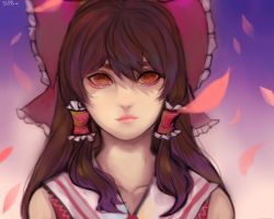 Rule 34 | 10s, 1girl, 2015, absurdres, artist name, blank eyes, bow, brown eyes, brown hair, collarbone, dated, expressionless, gradient background, hair bow, hair tubes, hakurei reimu, highres, light smile, lips, long hair, looking at viewer, petals, pink background, portrait, purple background, shaded face, solo, touhou, uu ser, uuuff3fser