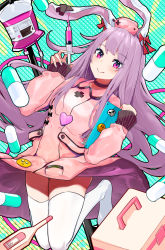 Rule 34 | 1girl, absurdres, alternate costume, animal ears, blush, closed mouth, dress, fingernails, first aid kit, full body, hat, heart, highres, holding, holding syringe, kurowa (curowa), legs together, long hair, long sleeves, nurse cap, pill, pink dress, pink eyes, pink hair, pink hat, rabbit ears, reisen udongein inaba, smile, solo, syringe, thermometer, thighhighs, tongue, tongue out, touhou, white thighhighs