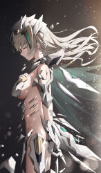 Rule 34 | 1girl, absurdres, black background, breasts, closed eyes, collar, commentary, cowboy shot, firefly (honkai: star rail), floating hair, from side, grey hair, hand on own chest, headgear, highres, honkai: star rail, honkai (series), long hair, medium breasts, profile, sam (honkai: star rail), solo, standing, thighs, vambraces, yeni1871
