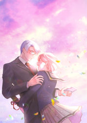 Rule 34 | 1boy, 1girl, blush, bob cut, chiroru, cloud, confetti, cowboy shot, day, diploma, dutch angle, embarrassed, facing another, floating hair, formal, glasses, graduation, habataki academy school uniform, hand on another&#039;s arm, handkerchief, happy, height difference, hetero, highres, himuro reiichi, holding, holding handkerchief, hug, long sleeves, looking at another, looking down, miniskirt, necktie, open mouth, parted lips, pink hair, pleated skirt, profile, protagonist (tokimemo gs), purple hair, red necktie, school uniform, serafuku, short hair, skirt, sky, suit, surprised, teacher and student, tears, tokimeki memorial, tokimeki memorial girl&#039;s side, tube, wind