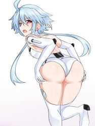 Rule 34 | 1girl, ahoge, ass, back, blue hair, commission, elbow gloves, from behind, gloves, highres, leotard, long hair, looking at viewer, neptune (series), open mouth, paid reward available, pixiv commission, power symbol, power symbol-shaped pupils, red eyes, short hair with long locks, simple background, solo, symbol-shaped pupils, thighhighs, white background, white gloves, white heart (neptunia), white thighhighs, wings, zatsu