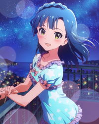 Rule 34 | 10s, 1girl, blue hair, blush, city lights, idolmaster, idolmaster million live!, lens flare, looking at viewer, musical note, nanao yuriko, night, night sky, official art, sky, smile, star (sky), star (symbol), starry sky, yellow eyes