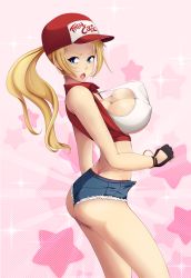 Rule 34 | 1girl, ass, bare arms, bare legs, bare shoulders, baseball cap, blonde hair, blue eyes, bracelet, breasts, cleavage, commentary, cropped jacket, cropped legs, denim, denim shorts, covered erect nipples, fatal fury, fingerless gloves, from side, genderswap, genderswap (mtf), gloves, hat, hip focus, jewelry, lalox, large breasts, long hair, looking to the side, micro shorts, open mouth, ponytail, shorts, sleeveless, snk, snk heroines: tag team frenzy, solo, sweatdrop, terry bogard, the king of fighters, thighs, tumblr