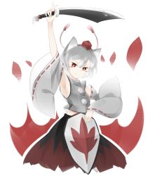 Rule 34 | 1girl, animal ears, arm up, armpits, bare shoulders, black skirt, detached sleeves, hat, highres, holding, holding shield, holding sword, holding weapon, inubashiri momiji, leaf, looking at viewer, maple leaf, o (crazyoton46), pom pom (clothes), red eyes, ribbon-trimmed sleeves, ribbon trim, shield, short hair, silver hair, simple background, skirt, smile, solo, sword, tokin hat, touhou, weapon, wide sleeves, wolf ears