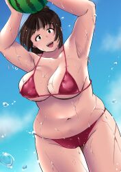 Rule 34 | 0tncrider, 1girl, armpits, arms up, beach, bikini, black eyes, breasts, brown hair, food, fruit, large breasts, open mouth, original, plump, red bikini, solo, standing, swimsuit, water, watermelon, wet