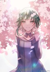 Rule 34 | 1girl, arm behind back, aryuma772, backlighting, blurry, blurry background, blurry foreground, cherry blossoms, collarbone, depth of field, detached collar, evillious nendaiki, flower, green eyes, green hair, grey hoodie, grey skirt, gumi, highres, holding, holding flower, hood, hoodie, lens flare, light particles, long sleeves, looking at viewer, nemesis sudou, petals, pink theme, saigo no revolver (vocaloid), short hair with long locks, sidelocks, skirt, smile, solo, twitter username, upper body, vocaloid, wavy hair