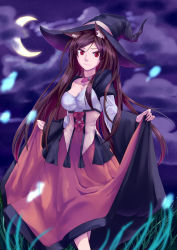 Rule 34 | 1girl, alternate costume, animal ear fluff, animal ears, black hair, black hat, cloud, collar, colored eyelashes, commentary request, crescent moon, feet out of frame, grass, halloween, hat, highres, imaizumi kagerou, light smile, looking at viewer, moon, night, night sky, red eyes, skirt hold, sky, solo, standing, tenamaru, touhou, witch hat, wolf ears