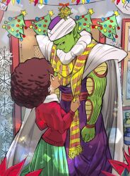 Rule 34 | 1boy, 1girl, 2022, afro, amartbee, biceps, big hair, black hair, blush, breasts, brown hair, cape, christmas, christmas ornaments, colored skin, couple, dark-skinned female, dark skin, dougi, dragon ball, dragon ball super, dragon ball super super hero, green skin, hetero, highres, janet (dragon ball), lips, looking at another, looking at viewer, medium breasts, muscular, piccolo, pointy ears, scarf, simple background, size difference, smile, standing, sweater