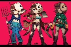 Rule 34 | 1girl, :o, abs, ahoge, axe, bag over head, bishoujo terror, blood, blood on clothes, bloody weapon, blue eyes, breasts, brown eyes, brown jacket, chibi, denim, evil smile, evolution, eyebrows, flannel, friday the 13th, gloves, green shirt, horror (theme), jacket, jason voorhees, jason voorhees (kotobukiya bishoujo), jeans, kain (hurghada), knife, large breasts, machete, mask over one eye, no pants, overalls, pants, pickaxe, pitchfork, shirt, signature, smile, torn clothes, torn shirt, transformation, weapon, yellow gloves, zombie