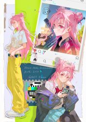 1girl baggy_pants belt black_belt black_jacket blue_skirt bow clothes_writing english_text full_body ghost_fixers gun highres holding holding_phone holding_weapon instagram jacket kirarazaka_moka midriff navel pants phone pink_eyes pink_hair red_bow school_uniform shirt shoes skirt submachine_gun tidsean tied_shirt weapon white_footwear white_shirt yellow_pants zipper