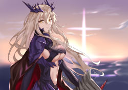 Rule 34 | 1girl, absurdres, alternate costume, artoria pendragon (fate), artoria pendragon (lancer alter) (fate), blonde hair, breasts, closed mouth, fate/grand order, fate (series), freed turing, hair between eyes, highres, large breasts, long hair, looking at viewer, navel, sideboob, simple background, smile, solo, underboob, upper body, yellow eyes