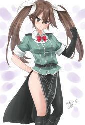 Rule 34 | 1girl, black gloves, black skirt, blush, bow, bowtie, breasts, brown eyes, brown hair, dated, elbow gloves, gloves, gradient background, green shirt, hair between eyes, hair ribbon, kantai collection, kitagawa mikio, long hair, looking at viewer, pelvic curtain, purple background, ribbon, shirt, short sleeves, signature, single elbow glove, single thighhigh, skirt, small breasts, smile, solo, thighhighs, tone (kancolle), tone kai ni (kancolle), twintails, white ribbon