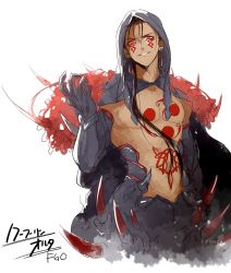 Rule 34 | 1boy, abs, bare pectorals, black hair, bodypaint, cape, claws, cu chulainn (fate), cu chulainn (fate) (all), cu chulainn (fate/stay night), cu chulainn alter (fate), cu chulainn alter (fate/grand order), cu chulainn alter (third ascension) (fate), dark persona, earrings, elbow gloves, facepaint, fate/grand order, fate (series), fur, gloves, grin, hair strand, highres, hood, hood up, hooded cape, jewelry, lancer, long hair, looking at viewer, male focus, monster boy, mori119, muscular, pants, pectorals, ponytail, red eyes, sharp teeth, simple background, skin tight, smile, solo, spikes, tail, tan, teeth, topless male, type-moon, white background