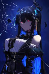 Rule 34 | 1girl, absurdres, asymmetrical horns, black hair, blue hair, breasts, channyy19, colored inner hair, demon horns, expressionless, glowing, glowing eyes, hair ornament, highres, hololive, hololive english, horns, large breasts, long hair, looking at viewer, mole, mole under eye, multicolored hair, nerissa ravencroft, nerissa ravencroft (1st costume), red eyes, solo, two-tone hair, uneven horns, virtual youtuber