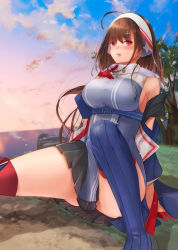 Rule 34 | 1girl, ahoge, american flag, american flag print, asymmetrical legwear, azur lane, black skirt, blue thighhighs, blush, boots, breasts, brown hair, cliff, cloud, cloudy sky, coat, day, flag print, gloves, grass, hairband, hand on own chest, high collar, highres, independence (azur lane), kelly 0w0, large breasts, lips, long hair, looking at viewer, miniskirt, mole, mole on shoulder, mole on thigh, ocean, off shoulder, parted lips, pleated skirt, red eyes, red gloves, ribbed legwear, sideboob, sitting, skirt, sky, sleeveless, solo, tareme, taut clothes, thigh boots, thighhighs, thighs, tree, uneven legwear