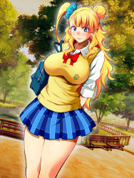 Rule 34 | 1girl, arms behind back, asymmetrical bangs, asymmetrical hair, bag, bench, blonde hair, blouse, blue eyes, blue scrunchie, blush, bow, bowtie, breasts, cardigan, carrying, closed mouth, collared shirt, cowboy shot, earrings, embarrassed, female focus, floor, full-face blush, galko, grass, highres, itachou, jewelry, large breasts, legs, legs together, looking at viewer, oshiete! galko-chan, outdoors, over shoulder, pleated skirt, school bag, school uniform, scrunchie, shirt, side bun, side ponytail, skirt, sleeves rolled up, solo, standing, stud earrings, thighs, tree, yellow cardigan