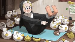 Rule 34 | 1girl, :d, @ @, ^ ^, animal ears, ball, banana, bird, blonde hair, blue eyes, broccoli, chicken, closed eyes, clumsy nun (diva), commentary, diva (hyxpk), duck, duckling, english commentary, exercising, food, frog headband, fruit, habit, hedgehog, highres, hole in sock, little nuns (diva), mouse (animal), mouse hole, nose bubble, nun, open mouth, orange socks, poster (object), rabbit ears, sleeping, smile, socks, sweat, topknot, traditional nun, volleyball, volleyball (object)