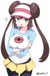 Rule 34 | 1girl, absurdres, black pantyhose, blue eyes, blush, breast hold, breasts, brown hair, creatures (company), crossed arms, double bun, game freak, hair bun, half-closed eyes, hat, highres, kandori, large breasts, looking at viewer, nintendo, open mouth, pantyhose, pokemon, pokemon bw2, rosa (pokemon), short shorts, shorts, simple background, solo, twintails, white background