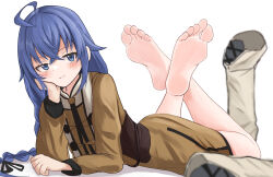 Rule 34 | 1girl, absurdres, barefoot, blue eyes, blue hair, blush, boots, feet, highres, long hair, looking at viewer, lts kakuyo, lying, mushoku tensei, on stomach, roxy migurdia, shoes, smile, soles, the pose, toes, unworn boots, unworn shoes