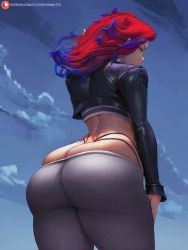 Rule 34 | 1girl, arched back, ass, ass focus, blue eyes, blue hair, butt crack, cloud, crop top, cropped jacket, curvy, cutesexyrobutts, from behind, gradient hair, highleg, highleg panties, highres, hip focus, huge ass, jacket, leather, leather jacket, long hair, looking at viewer, looking back, looking down, lowleg, lowleg pants, multicolored hair, original, outdoors, panties, pants, red hair, skindentation, sky, solo, thick thighs, thighs, thong, tight clothes, tight pants, two-tone hair, underwear, whale tail (clothing), wide hips