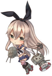 Rule 34 | 10s, 1girl, anchor, black panties, blonde hair, cannon, chibi, elbow gloves, gloves, hair ornament, hairband, kantai collection, lifebuoy, long hair, looking at viewer, midriff, miniskirt, moe (hamhamham), panties, personification, pleated skirt, rensouhou-chan, shimakaze (kancolle), skirt, striped clothes, striped thighhighs, swim ring, thighhighs, underwear, white background, white gloves, yellow eyes