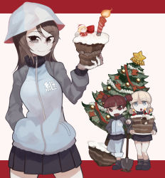 Rule 34 | 3girls, :o, aki (girls und panzer), ankle boots, blue eyes, blue footwear, blue headwear, blue jacket, blue pants, blue skirt, blunt bangs, boots, brown eyes, brown hair, cake, candle, character doll, chocolate cake, christmas, christmas ornaments, christmas tree, closed mouth, commentary, emblem, fang, food, food on face, fruit, garland (decoration), girls und panzer, hair tie, hand in pocket, hat, helmet, highres, holding, holding cake, holding food, holding shovel, jacket, katyusha (girls und panzer), keizoku military uniform, letterboxed, light brown hair, long hair, long sleeves, looking at viewer, low twintails, mika (girls und panzer), mikko (girls und panzer), military, military uniform, miniskirt, morosuke, multiple girls, open mouth, pants, pants rolled up, pleated skirt, pravda (emblem), raglan sleeves, red eyes, red hair, red ribbon, ribbon, short hair, short twintails, shovel, skirt, smile, socks, standing, star ornament, strawberry, track jacket, track pants, tulip hat, twintails, uniform, zipper