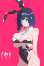 Rule 34 | 1girl, absurdres, aqua necktie, arm behind back, bare arms, bare shoulders, between breasts, black leotard, blue hair, bob cut, breast hold, breasts, closed mouth, commentary request, constricted pupils, cowboy shot, detached collar, diagonal bangs, dori (choejeongmin7), dot nose, fishnet pantyhose, fishnets, frown, genshin impact, green eyes, highleg, highleg leotard, highres, large breasts, leotard, looking at viewer, necktie, necktie between breasts, pantyhose, parted lips, playboy bunny, red background, shadow, shiny clothes, shiny skin, short hair, simple background, solo, strapless, strapless leotard, sweat, teeth, yelan (genshin impact)