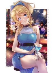 Rule 34 | 1girl, 2018, artist name, ayase eli, bad id, bad pixiv id, birthday, black ribbon, blonde hair, blue bow, blue dress, blue eyes, blue ribbon, blurry, blurry background, bow, breasts, character name, choker, crossed legs, cup, dated, dress, drinking glass, english text, hair bow, hair ribbon, happy birthday, head tilt, long hair, looking at viewer, love live!, love live! school idol project, medium breasts, parted lips, ponytail, ribbon, ribbon choker, signature, sitting, sleeveless, sleeveless dress, smile, solo, sparkle, wine glass, zawawa (satoukibi1108)