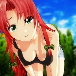 Rule 34 | 1girl, 3d, animated, breasts, cleavage, denim, denim shorts, downblouse, earrings, green eyes, hanging breasts, hong meiling, jewelry, jiggle, leaning forward, long hair, looking at viewer, lowres, medium breasts, mofumoko5, red hair, shorts, solo, thighs, touhou, video